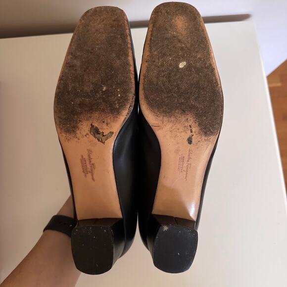 Salvatore Ferragamo Black Leather Nero Nappa Kid Pump Block Heels Italy 8.5 - Picture 8 of 12